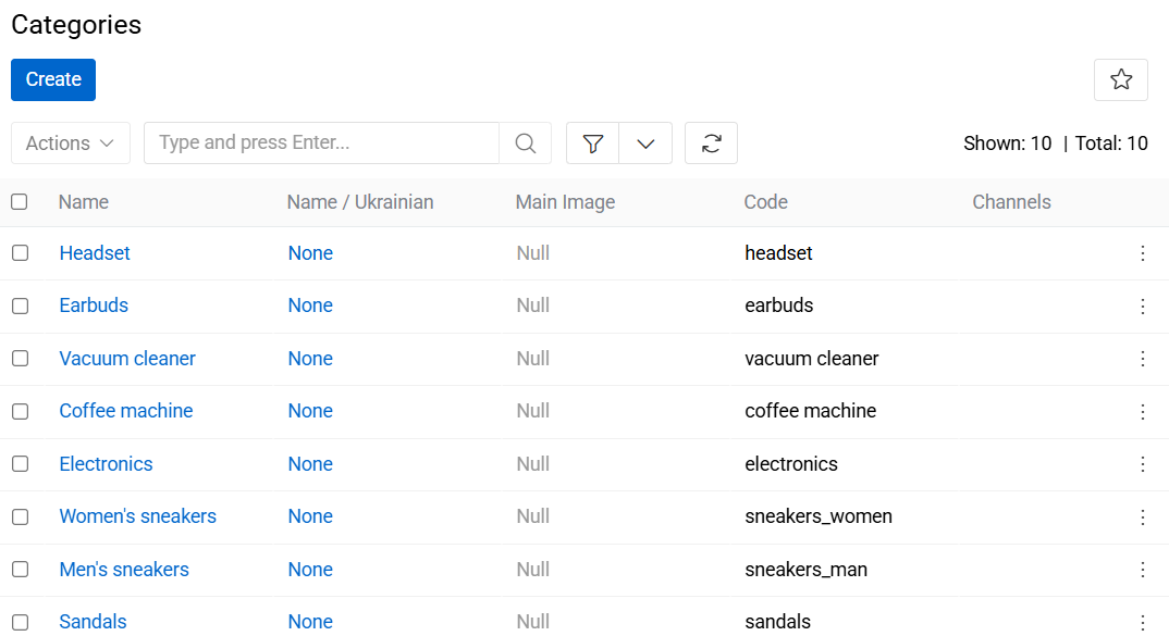 Categories list view page
