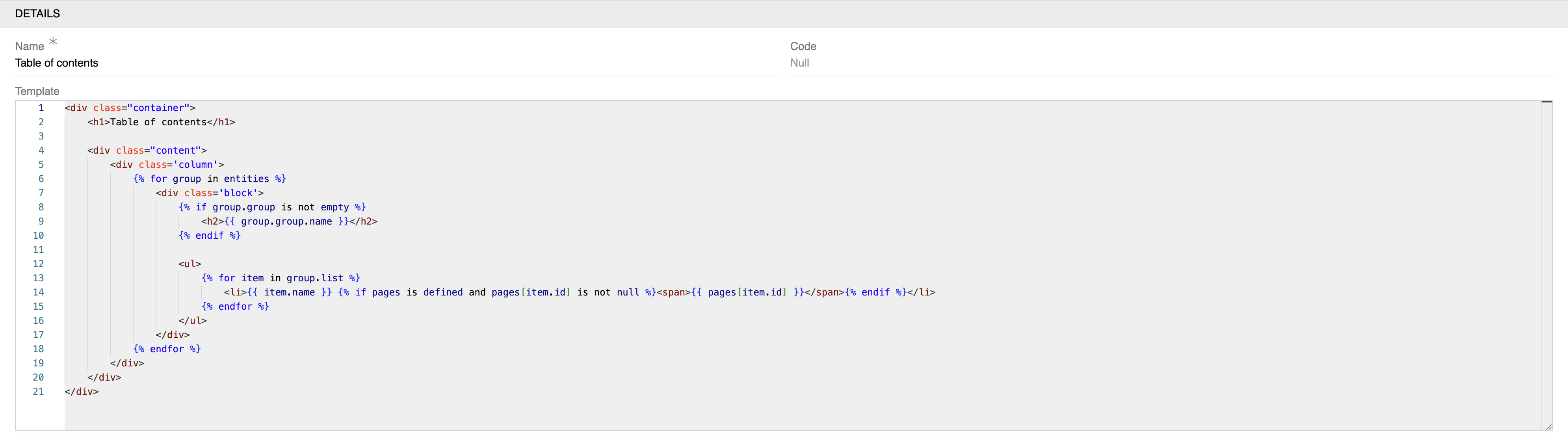 Table of contents template