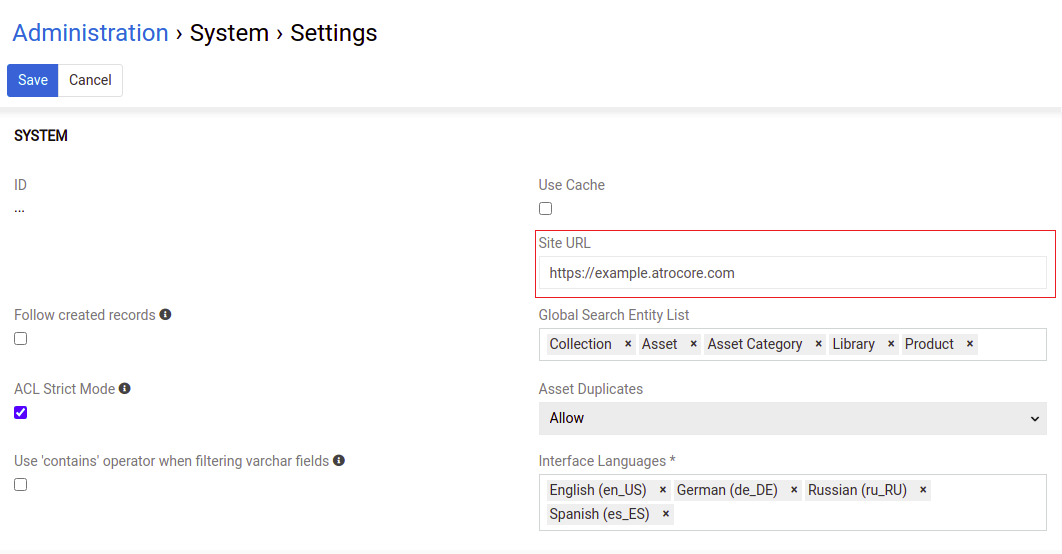 Site URL settings