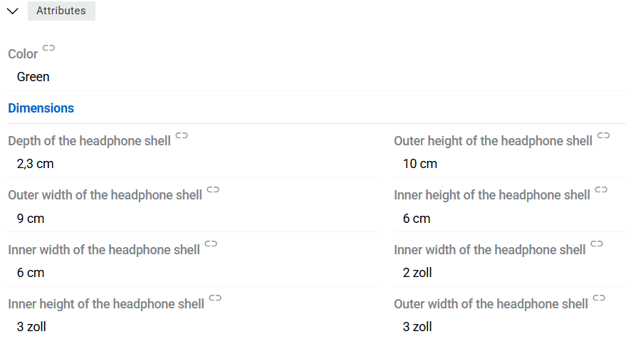 Product attributes panel