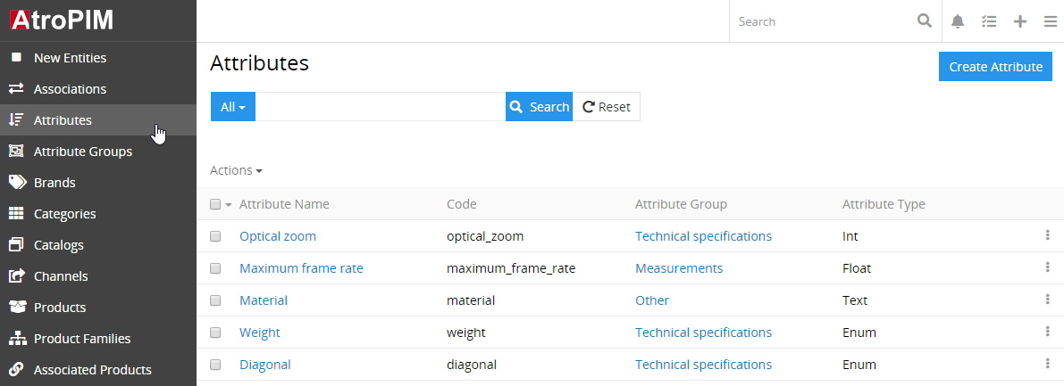 Attributes list view