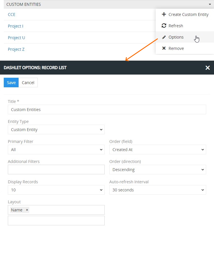 Dashlet options