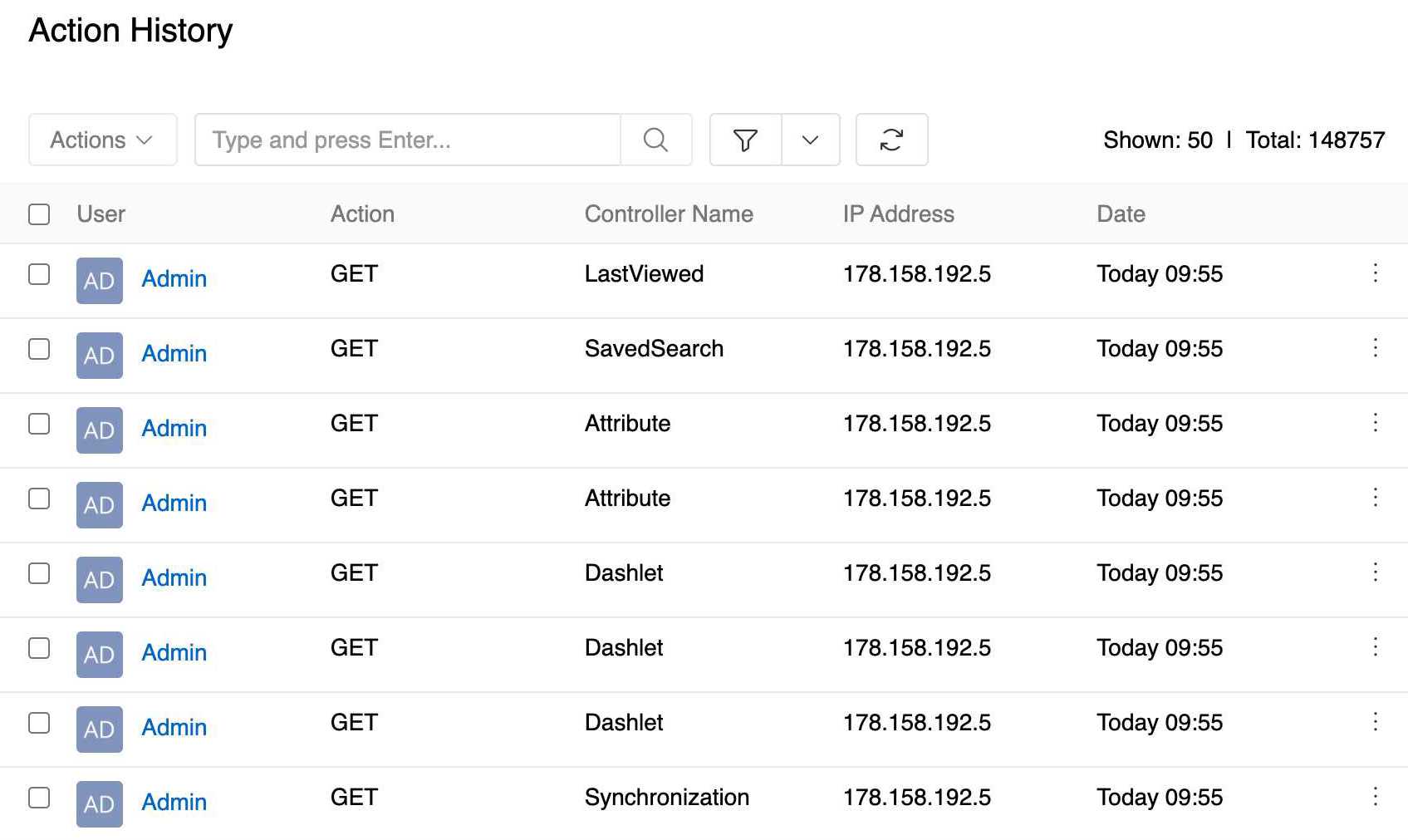 Action History List View