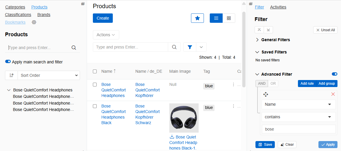 Search in the tree panel