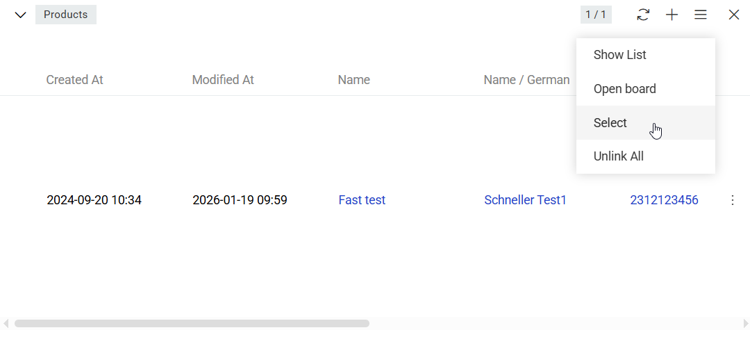 `Products` panel in the `File` entity