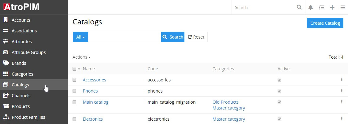 Catalogs list view