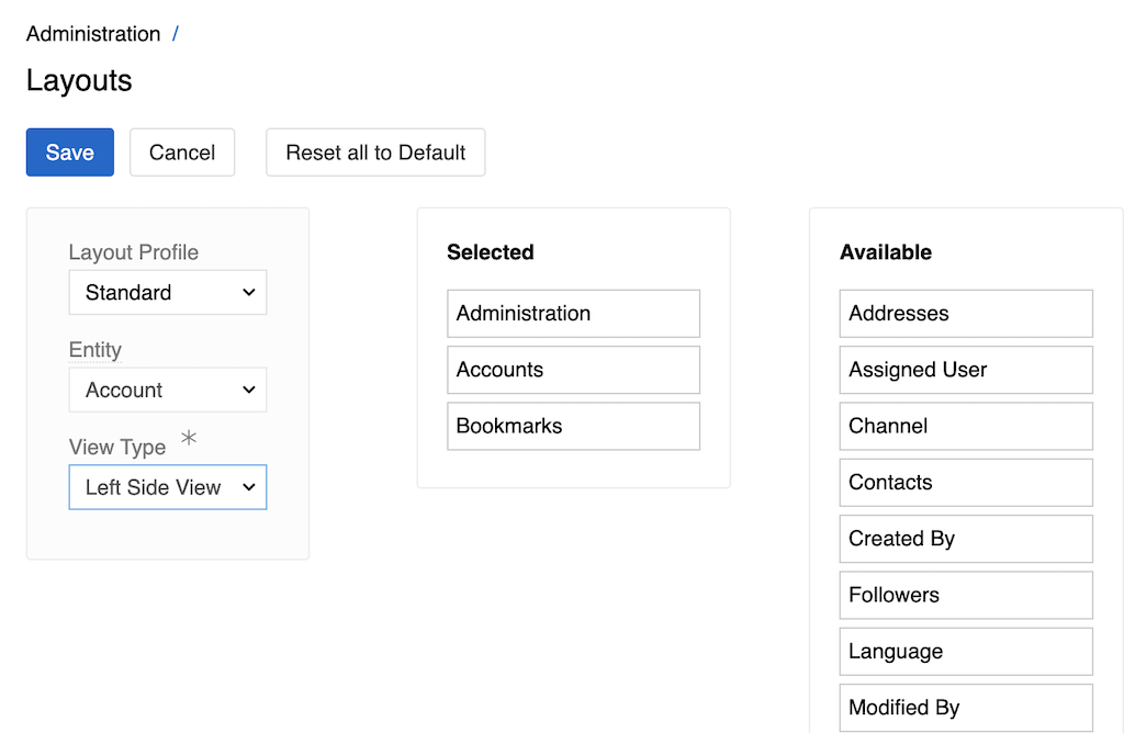 Layouts Left Sidebar Configuration
