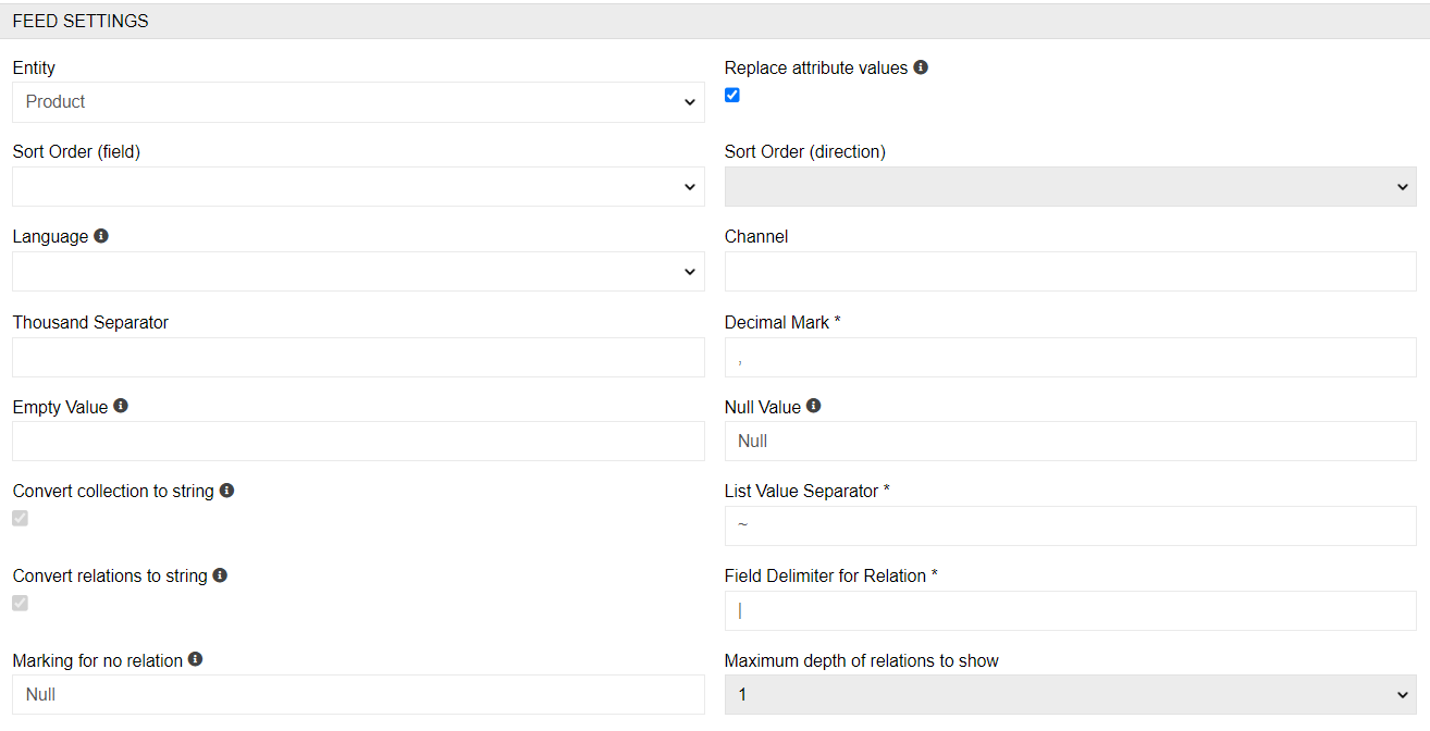 Export feed settings