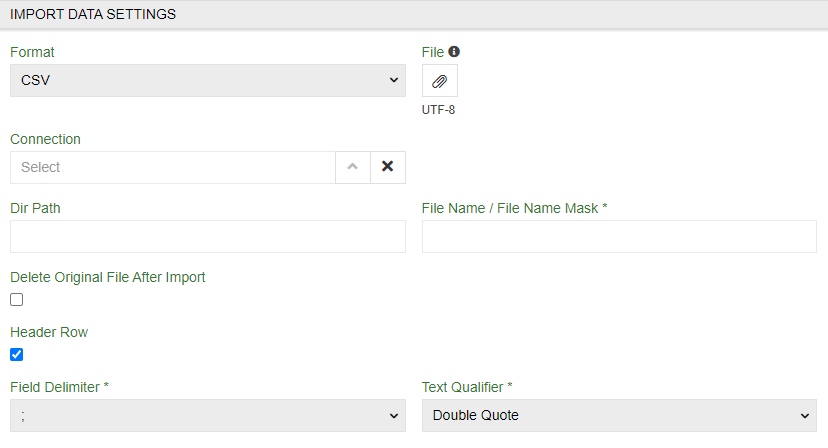 IMPORT DATA SETTINGS tab with path option