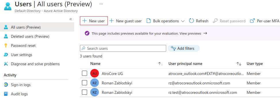 Users list page