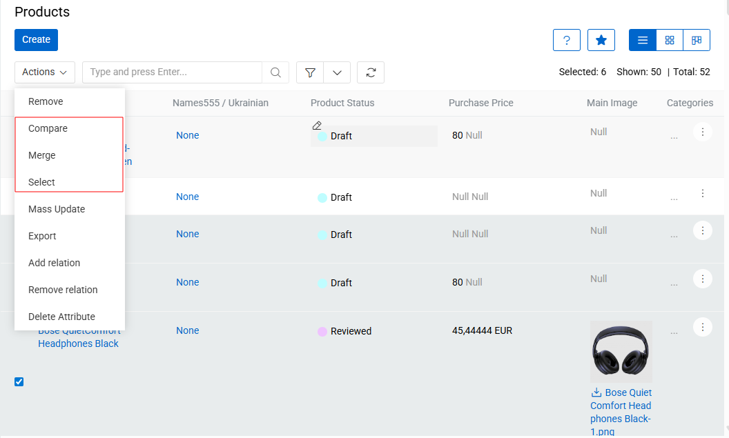 List actions