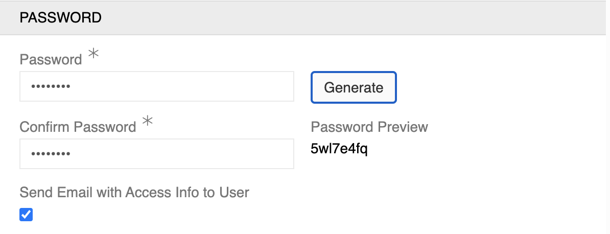 User Creation Password Section