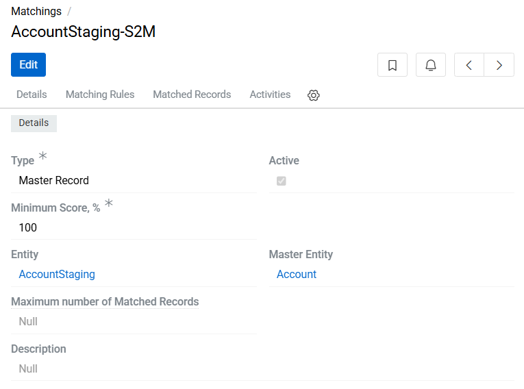 Matching Configuration Master Record