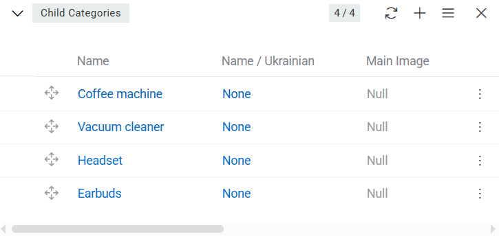 Child categories panel