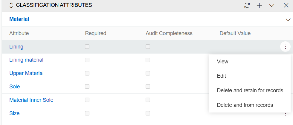 Attributes actions menu