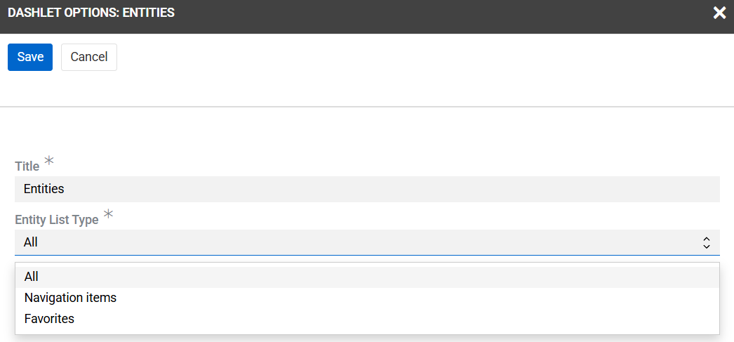 Entities dashlet Options